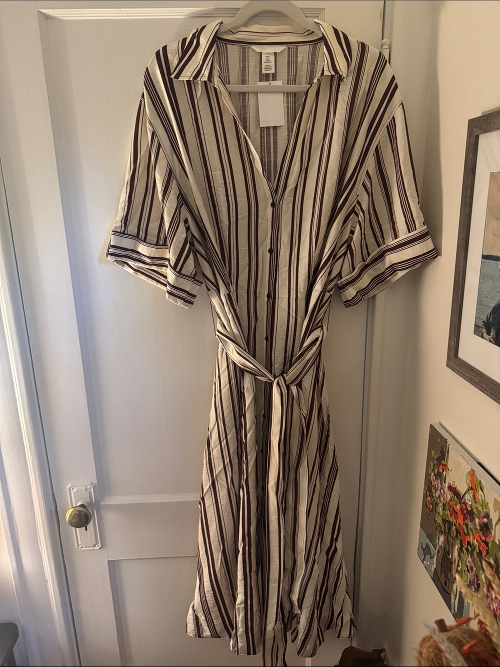 H&M Striped Button-Front Midi Dress in Cream and Brown